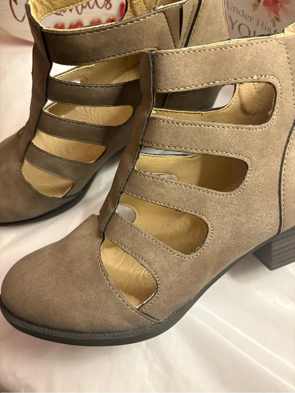 JBU Taupe Cutout Strappy Block Heel Ankle Boots